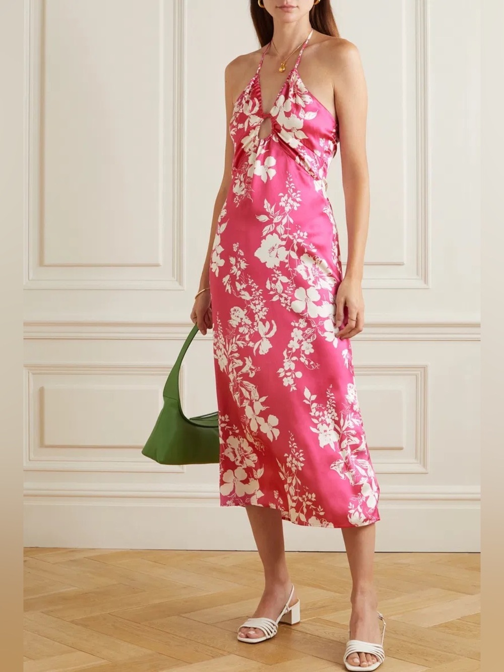 NWT Reformation Antoni Floral Print Silk Satin Halter neck Midi Dress Pink 10
